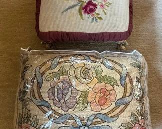 Vintage Floral Needlepoint Footstool and Arts  Crafts Embroidery Pillow  Table Cover