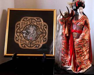 Vintage Geisha Doll Framed Silk Dragon Embroidery
