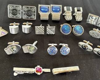 12 Pr MidCentury Cufflinks, Tie Bars  Destino, Swank, One marked Sterling