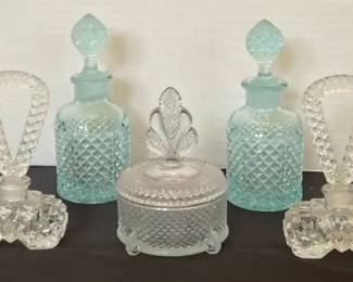 Antique Blue  Clear Pressed Glass Perfume Bottles  Powder Jar Vanity Items