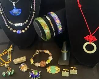 Asian Jewelry Lot  Necklaces w Amethyst Beads  Trade Beads, Pins, Cufflinks more