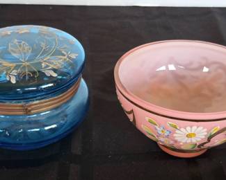 Rare Antique Bohemian And Czech Glass Vanity Jar And Cased Glass Bowl