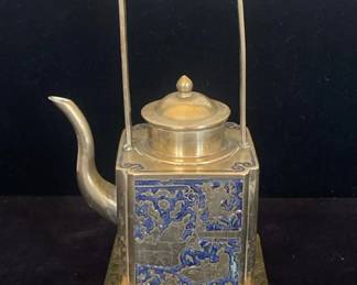 Antique Cupronickel Teapot China wEngraved Design