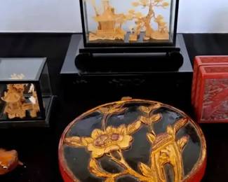 Antique, Vintage Carved Wood And Cinnabar Asian Lot