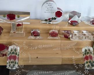 Vintage Carved Red Roses Lucite Lot  Tray, Lipstick Holder, Heart, Paperweight, more