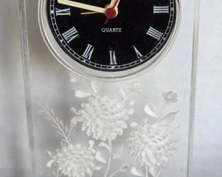 Vintage Reverse Carved Lucite  Clear  White Flowers Clock, Atomizer, More