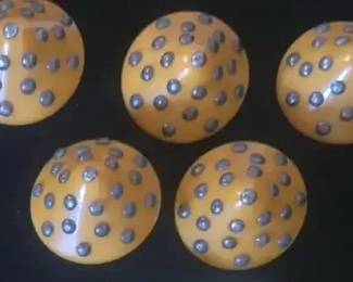 Vintage Unusual, Bakelite Cone Shaped Buttons with metal polka dots  Celluloid Ribbon Button Sets