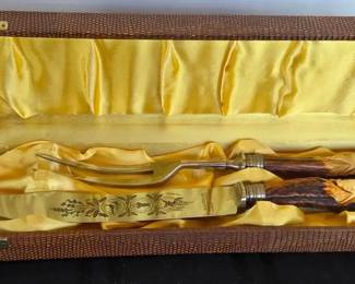 Carved Antler Handle Antique Solingen Germany Carving Set in Original Box