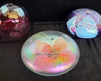 3 Handblown Iridescent Paperweight Vases, All Signed  Fadi, GlassHouse, More