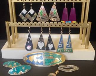 Vintage Mexican Alpaca Silver Inlaid Earrings  Hair Clips