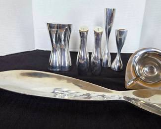 Vintage Nambe  Candlesticks, Fish Dish, Salt  Peppers