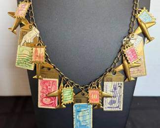 Airplane Vtg Stamps Charm Statement Necklace