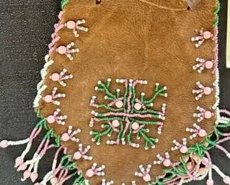 Antique Native Beaded Leather Pouch With Drawstrings  Fragile