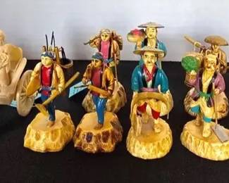 Vintage Celluloid Japanese Figures, Some in Orig Wood Boxes  Plus Display Stands