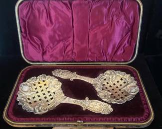 Antique Ornate Silverplate Strainers or Serving Set in Original Box