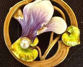 Victorian Enamel Flower Pin  14k Gold