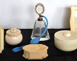 Vintage Yardley Powder Jars, Irice Atomizer And Celluloid Frames