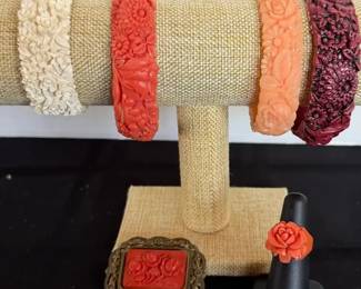 Retro Vintage Floral Carved Celluloid Jewelry  Bracelets, Ring, Pin