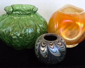 Three Antique Iridescent Art Glass Vases  Poss Dugan, Flume Signed Jesse, Green Art Nouveau