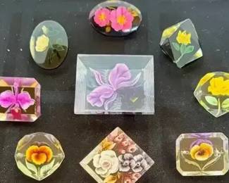 MCM Mid Century Reverse Carved Lucite Flower Jewelry  Pansy, Orchid, Rose