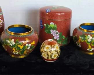 Enamel Chinese Cloisonne Lot  Vases, Boxes, More  Rust Colors