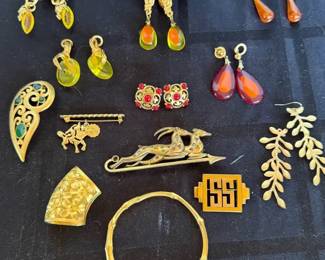 Satin Goldtone  Multicolor Lucite Jewelry  Drop Earrings, Pins, Necklace  More