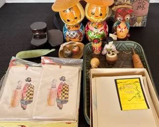 VTG Japanese Wood Kokeshi Dolls, Washi Paper Tray  More