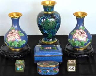 Antique Vintage Asian Blue Cloisonne Enamel Pieces  Vases, Boxes