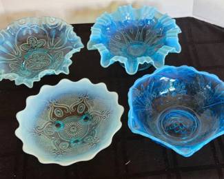 4 Antique Vtg Northwood, Jefferson  Fenton Opalescent Blue Glass Bowls