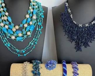Antique, Vintage  Newer Glass Bead Jewelry in Blues  Necklaces, Bracelets, more