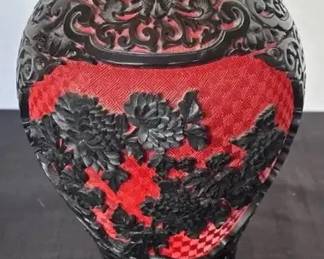 VTG Chinese Carved Red Black Cinnabar Vases On Wood Bases  More