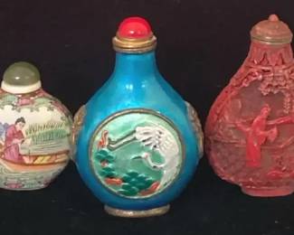 Carved Cinnabar, Enamel On Brass  Familie Rose Snuff Bottles
