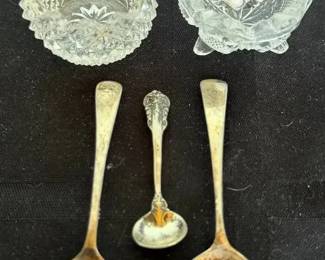 Tested Sterling Silver Antique Salt Spoons  Pressed Glass Open Salt Dishes