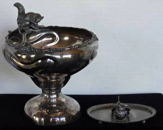 Antique Aesthetic Silver Plate Bowl  Dish with Squirrel  Bird