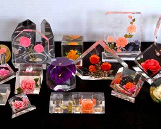 Retro Reverse Carved Lucite Pink Roses Candle, Card Holders, Paper Weights Ring Holders  More