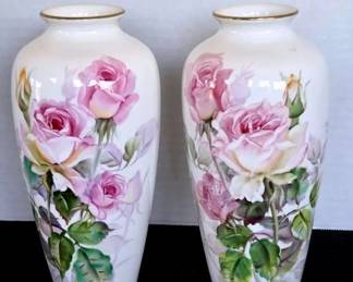 Hand Painted Pair Pink Rose Noritake Vases  Signed By Artist