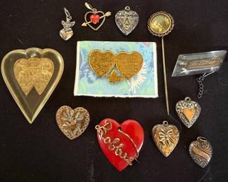 Atq Vtg Sweetheart Jewelry  Sterling Puffy Heart Charms, Lg Lucite Heart, Wire Wrapped, More