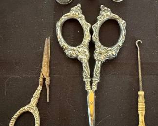Atq Sterling Thimbles, Scissors,  More