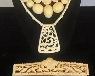 Antique Vintage Carved Bone Lot  Intricate Purse Clasp, Necklaces, Earrings
