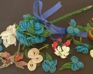 Antique  Vintage Hand Beaded Glass Flower Stems  Sprigs