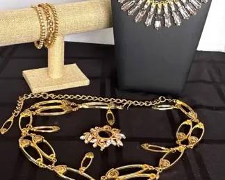 Goldtone  Rhinestone Jewelry  Belt, Statement Necklaces, Bracelets  Some Signed