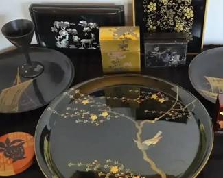 Asian Lacquerware Lot  Hand Painted  Inlaid Trays, Boxes, Plates, More