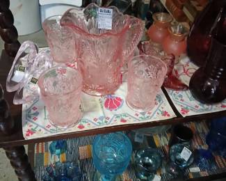 Vintage Pink Depression Mosser "Inverted Thistle" and Blue Glassware