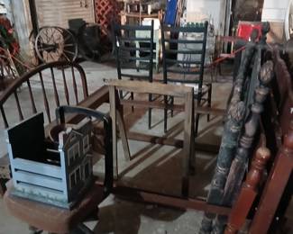 Vintage chairs, wagon wheel, bed frames and more