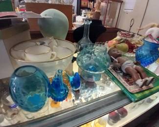 Vintage Blue Art Glass , Punch bowl and more glassware