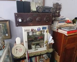 Bread box style Radio, Vintage Apothecary display case, vintage scale