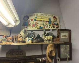 Vintage carved animals, Ceramic figures, Raggedy Ann toy chest