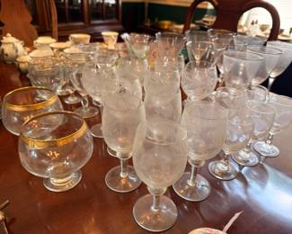 Etched crystal stemware wine and water glasses