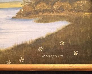 Signed Kathryn lakeside landscape painting detail