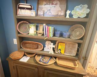 Farmhouse painted hutch cupboard with baskets